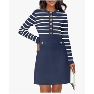 Women's Long Sleeve Striped Sweater Dress Button Crewneck Mini Dresses, Size: L